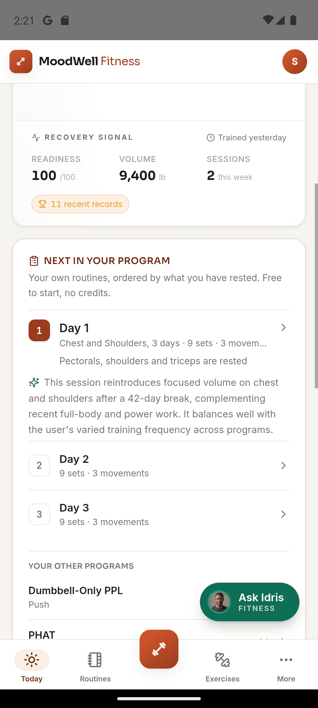 Moodwell Fitness Today with the next planned workout and training summary.