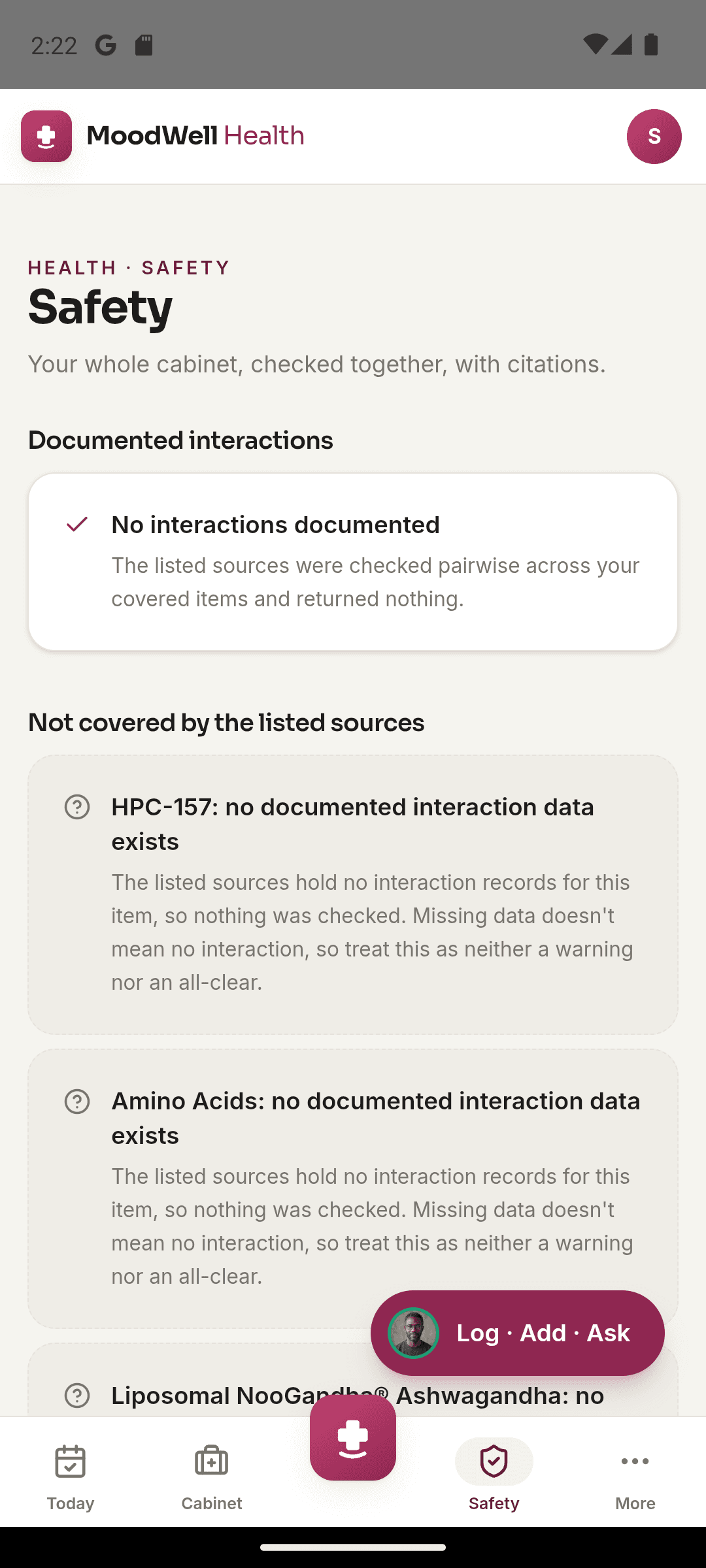 Moodwell safety review separating documented interactions from items without source coverage.