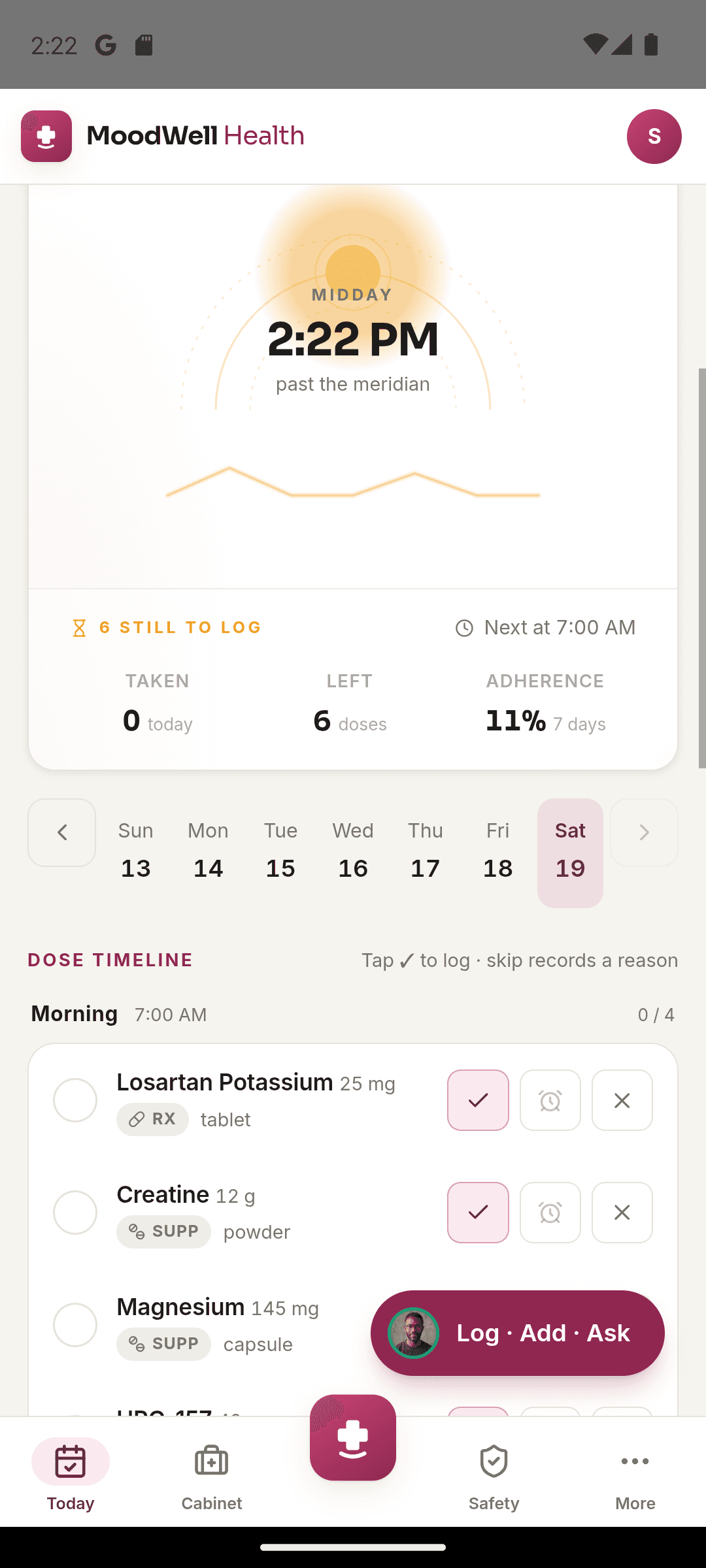 Moodwell Health dose timeline with scheduled medications and supplements.