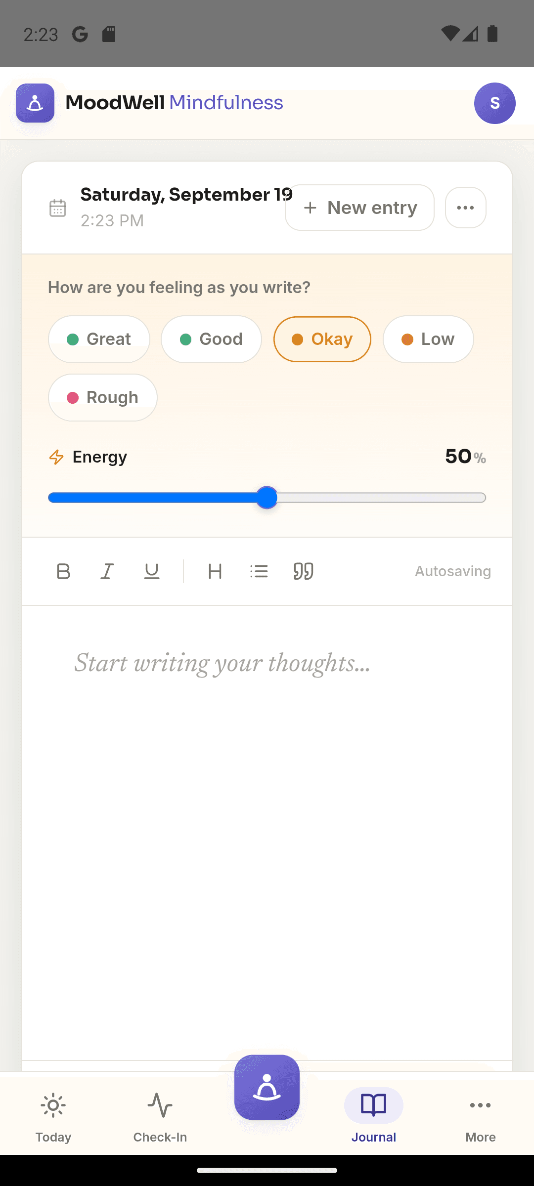 Moodwell journal editor with mood, energy, and a writing prompt.