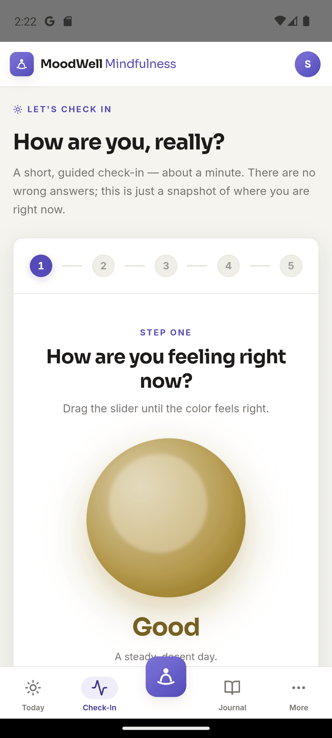 Moodwell mood check-in asking how you feel, with the mood selection control.