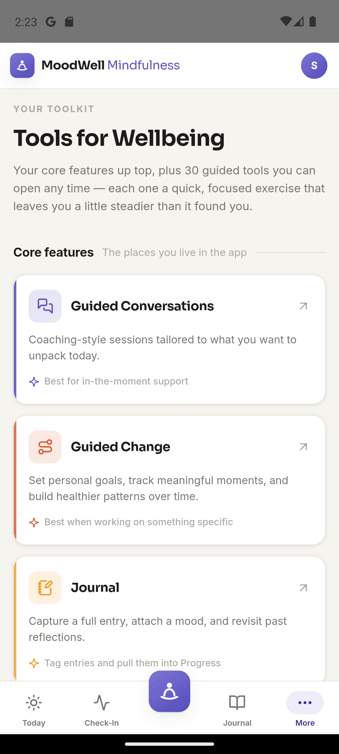 Moodwell wellbeing tool library with guided conversations, mood check-in, and reflection tools.