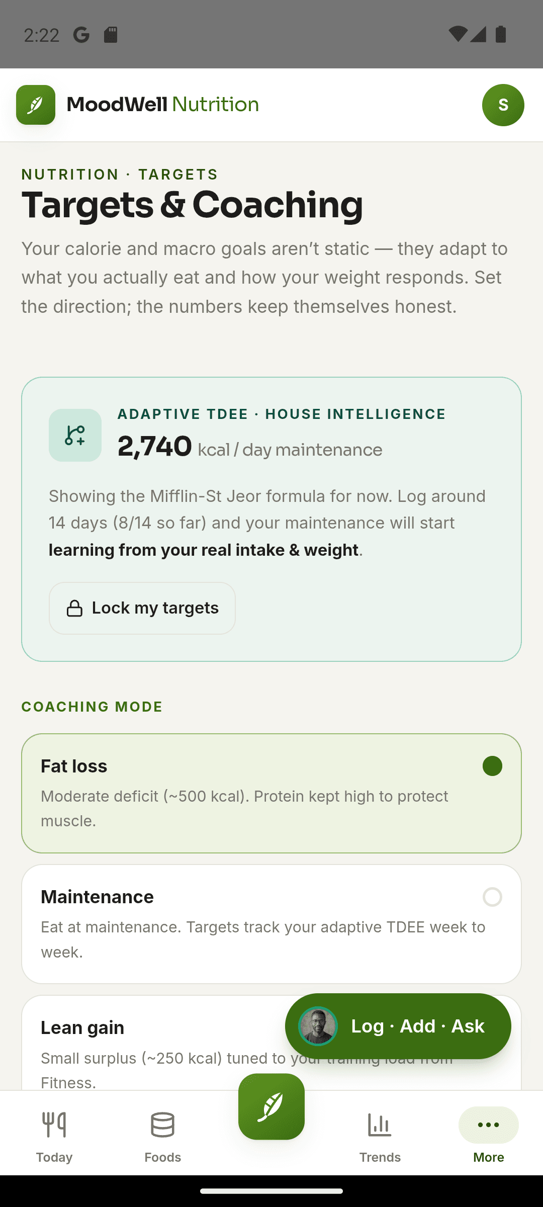 Moodwell nutrition targets with adaptive maintenance and coaching modes.