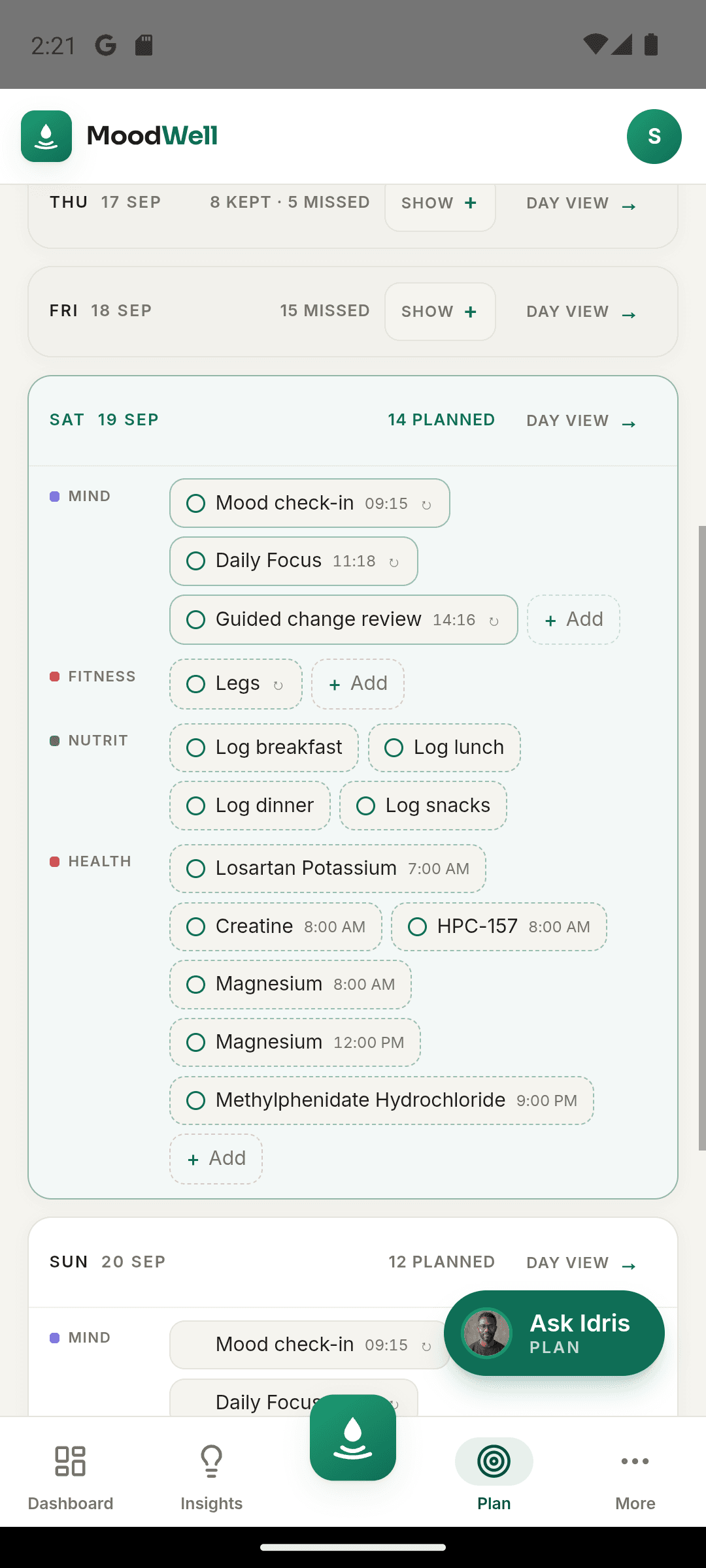Moodwell weekly planner with workout, meal, check-in, and health schedule entries.